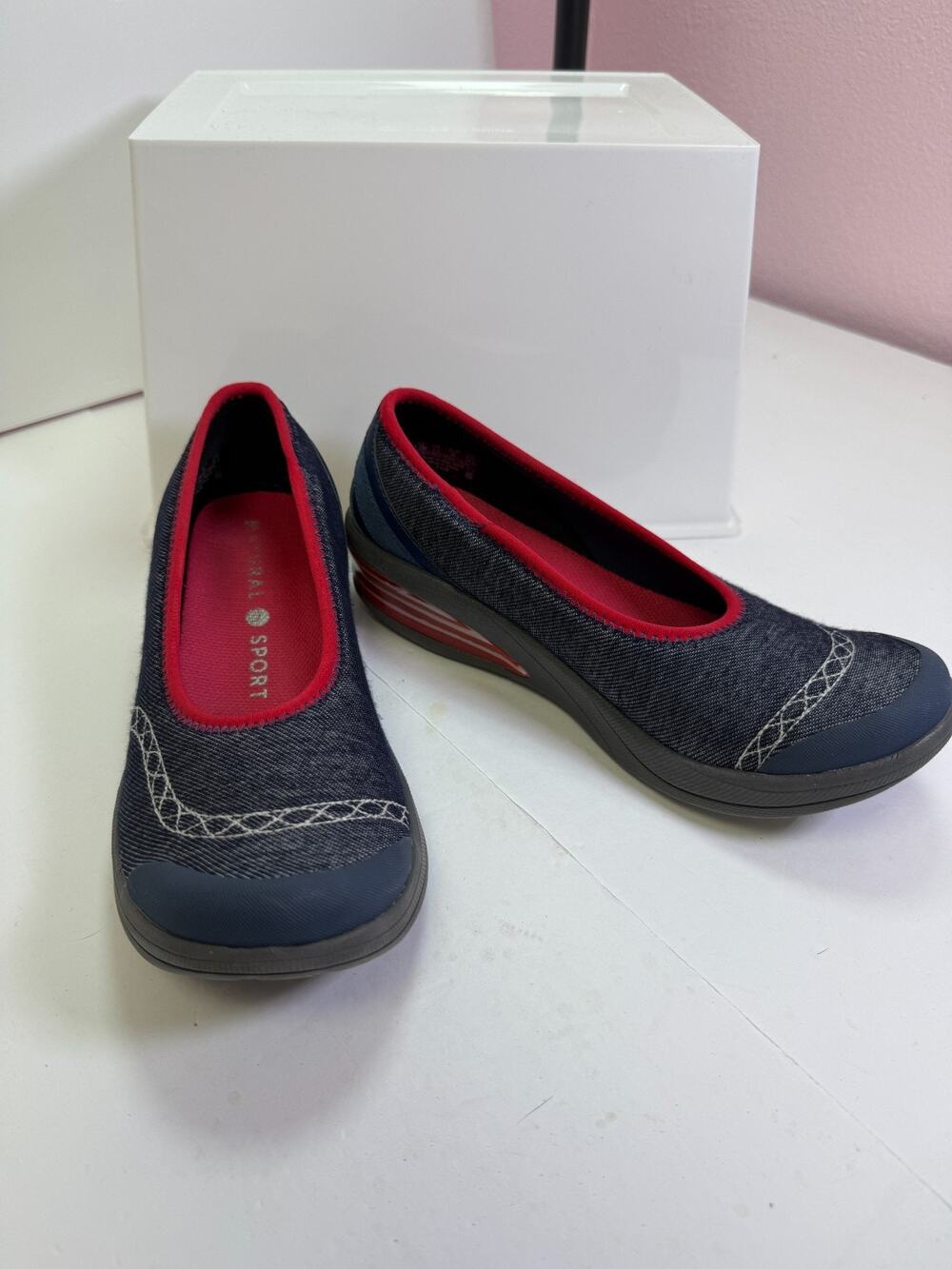 Natural Sport Denim Slip On Comfort Walking Shoes Red Trim Casual Flats 8